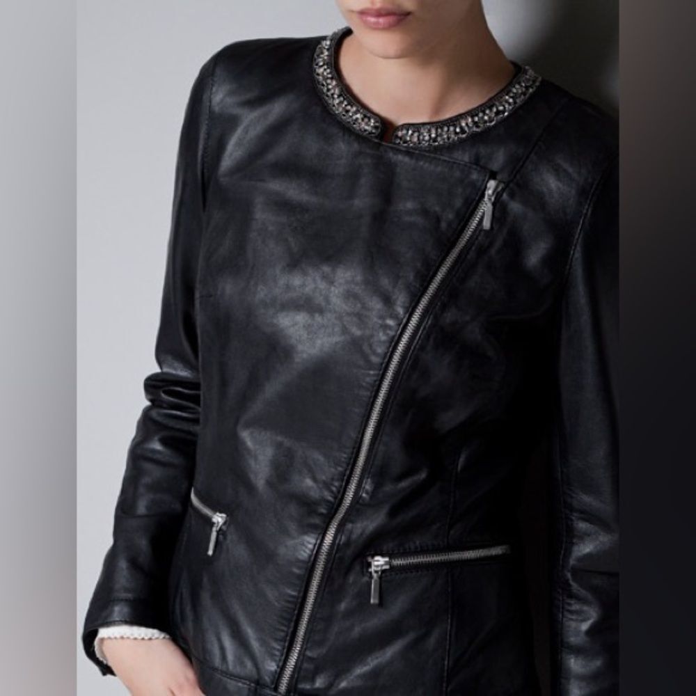Chico's New black faux leather moto jacket with a studded collar size 2 $159